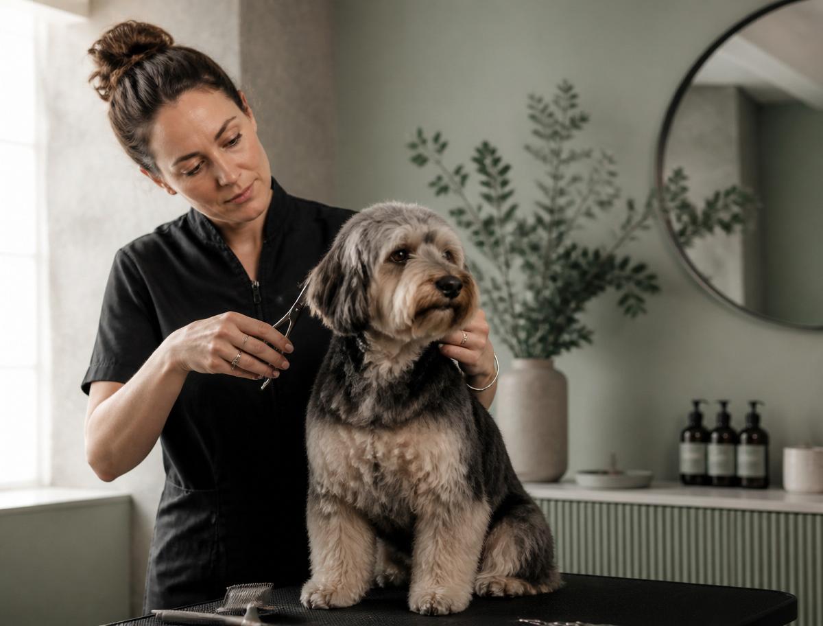 A professional groomer working thoughtfully with a dog in a modern studio