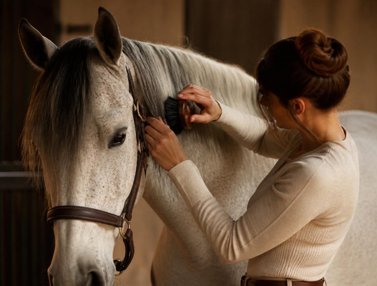 An equestrian grooming a grey horse's mane in a stable