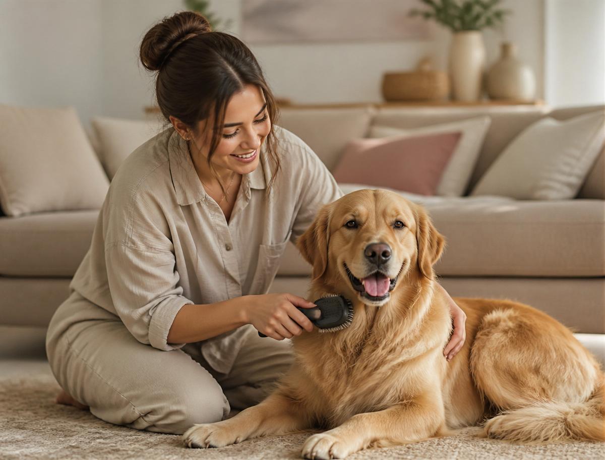 A pet parent gently brushing a golden retriever at home